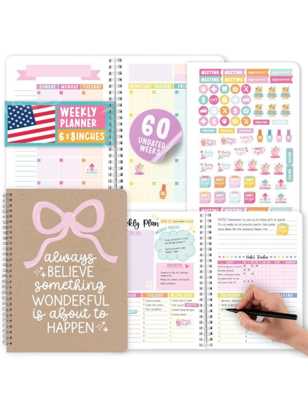 Spiral Undated Weekly Planner & Habit Tracker - Goal Setting & Organization Tool